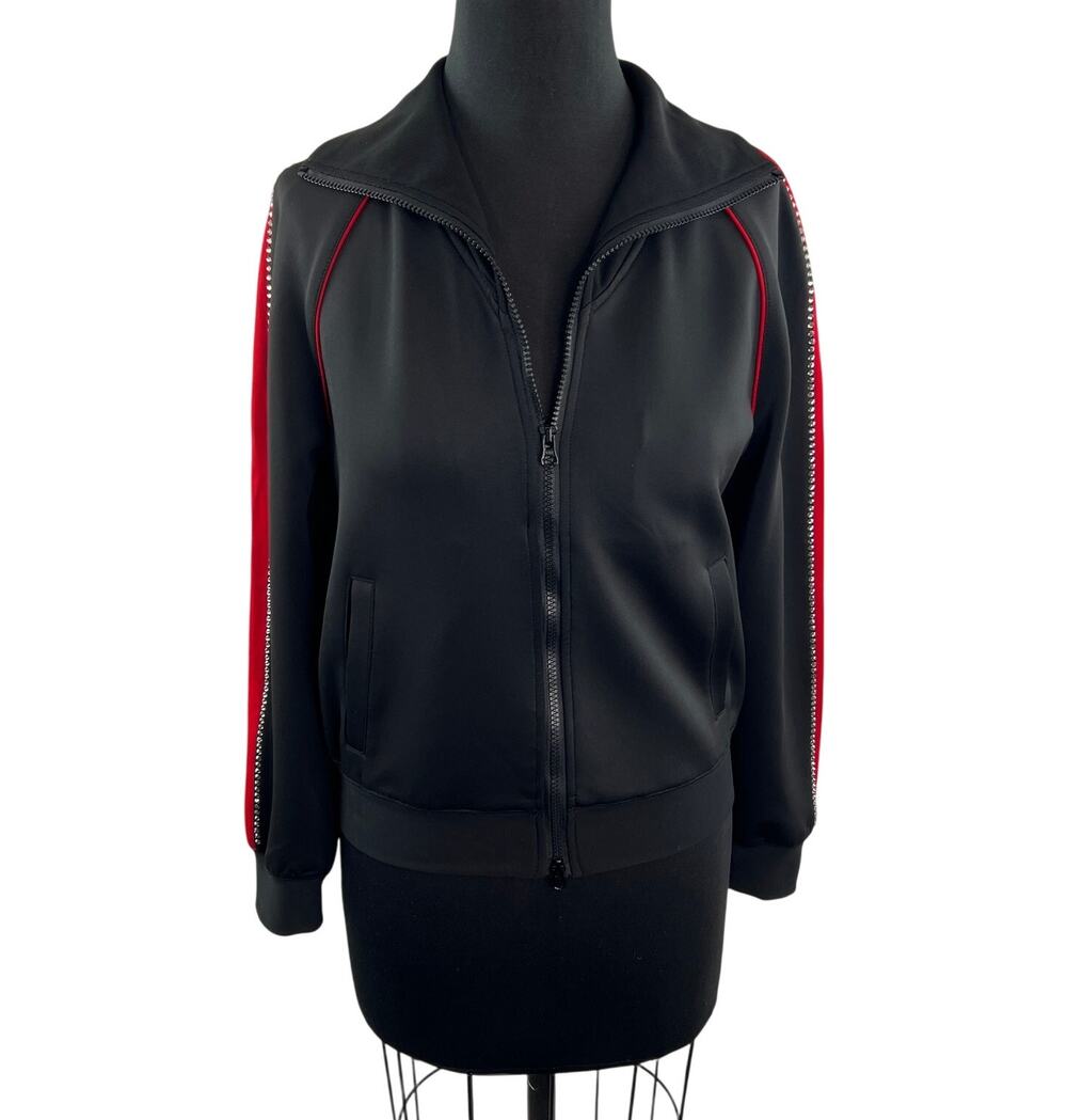 PAM & GELA Black Zip-Up Track Jacket Red Stripe Rhinestone Trim Size S Small